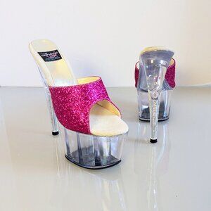 Y2K Lover's Lane Signature Collection Pink Glitter Stiletto Heels Clear Platform